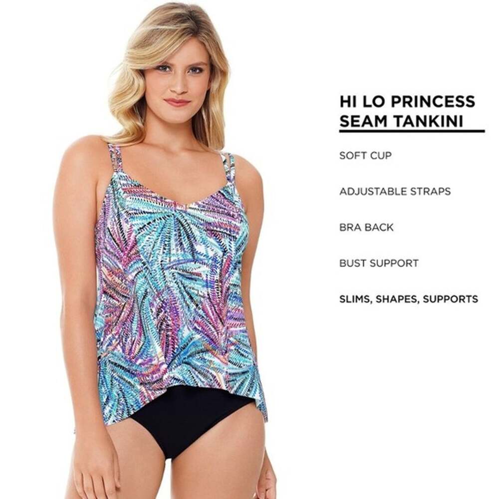 Swim Solutions Tankini Top Women's Size 10 Multi Hi Low Bust Support Swimwear